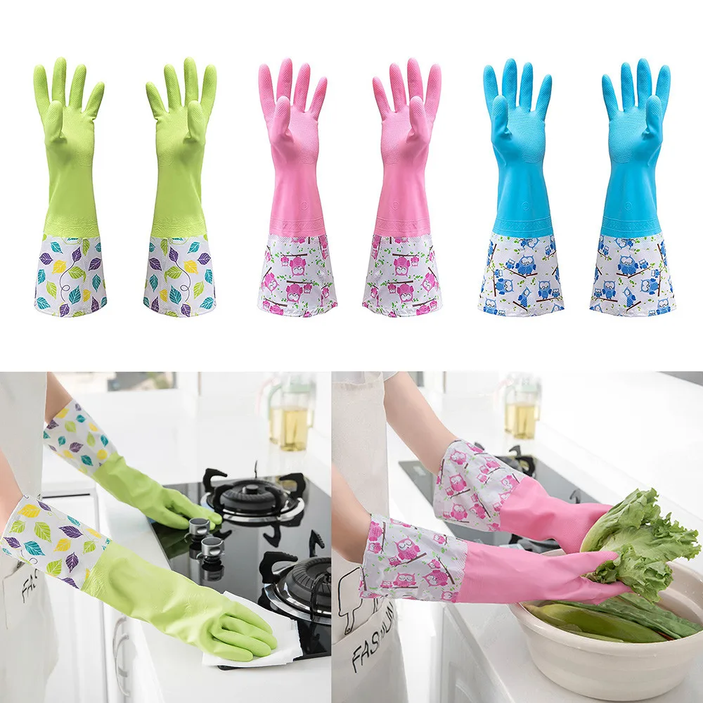 Waterproof Rubber Latex Flannel Washbowl Gloves Kitchen Household