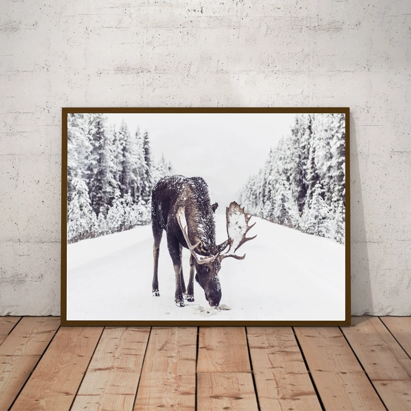 Moose in Snow принт зимний Снежный художественный плакат на холсте картина деревенский Рождественский Декор для гостиной украшение для дома