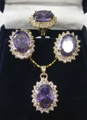 

Fine real 18KGP Fashion Cubic Zirconia Trendy Jewelry %Faceted Russican Amethyst pendant necklace earrings ring