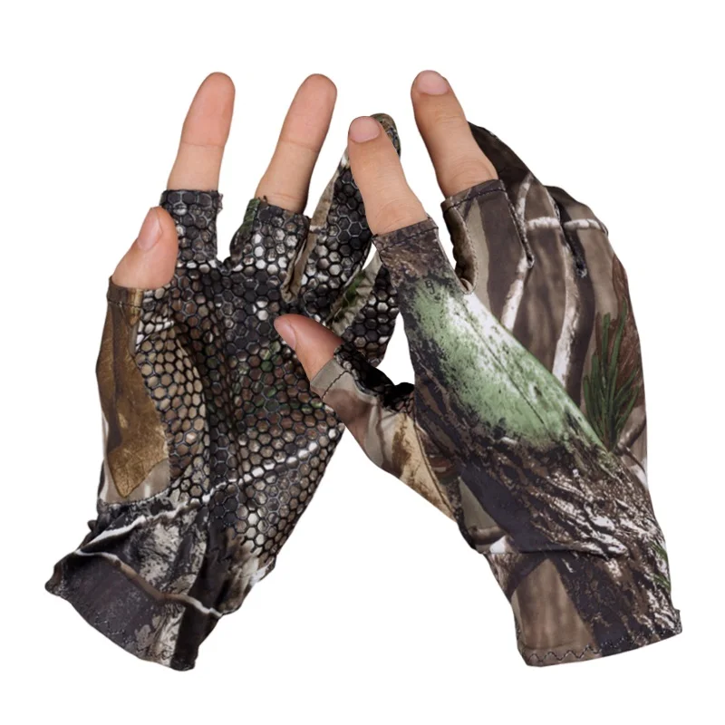 3 Shorter Fingers Cut Fishing Gloves Camouflage Anti Slip Elastic Thin