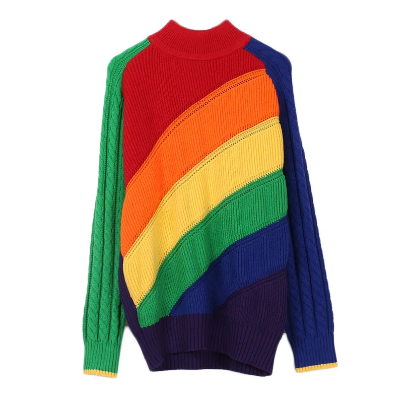 Cute Cable Knit Mock Neck Rainbow Sweater for Women Kawaii Ladies ...