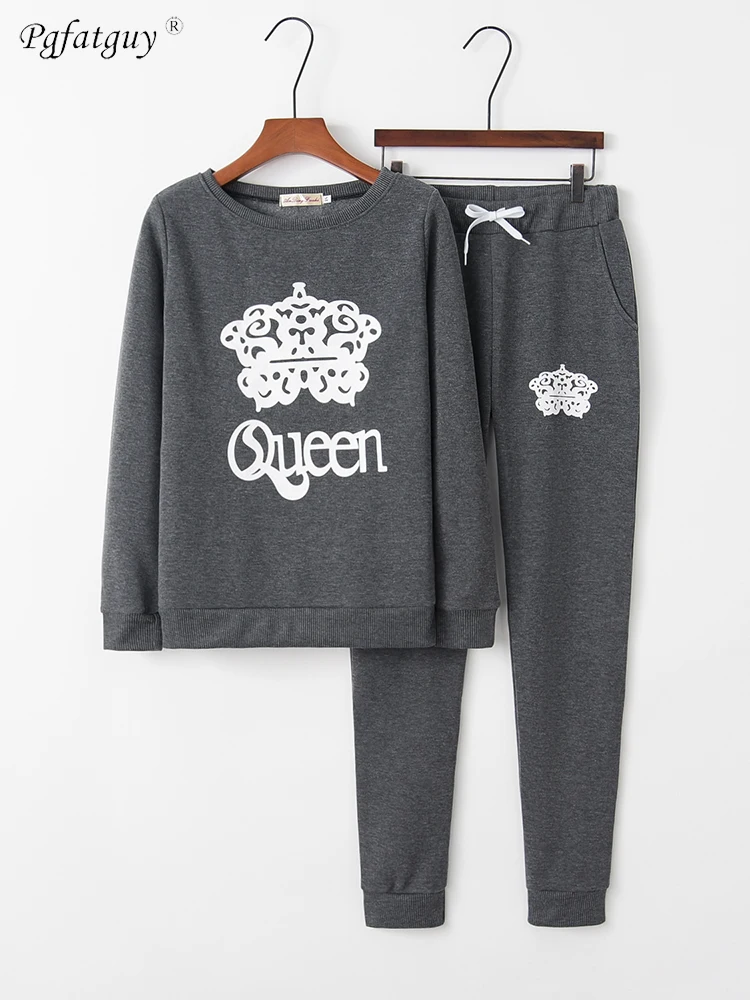 

Hot Women Set Crown Letter Pattern Print Sexy Sweatsuit Tops+Pants Sweat Suits Two Piece Tracksuit Casual 2 Piece Set S-XL Gray