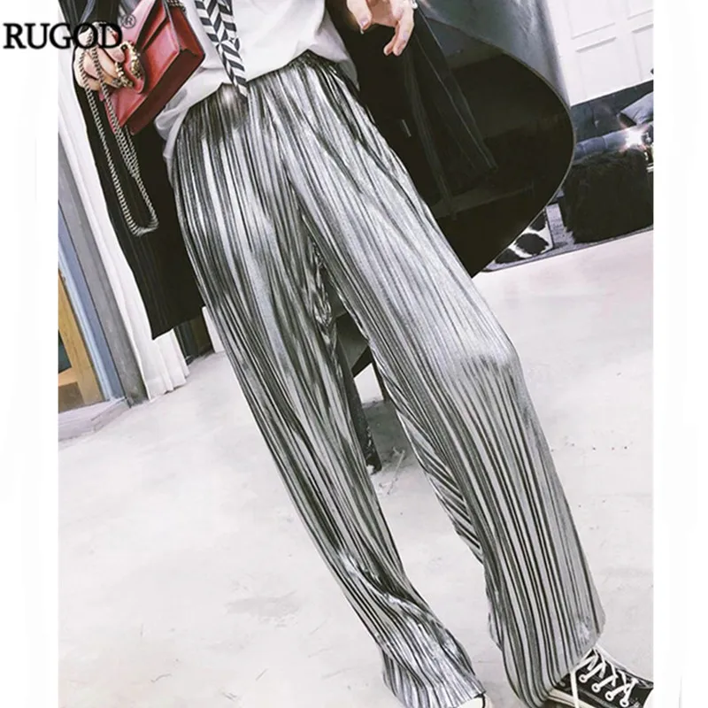 

RUGOD Chic Silver Long Pleated Pants Women Fashion High Elatic Waist Thin Trousers Summer Girls' Slim Pants Plus Size