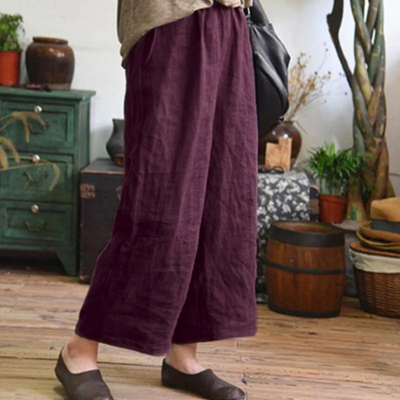 2018 New Women Summer Wide Leg Pants Loose Solid Long Pants Cotton Linen Casual Femme Pants Elastic Mid Waist Straight Trousers