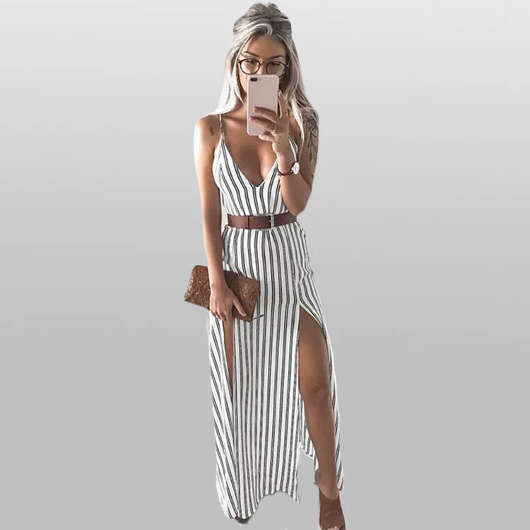V образным вырезом Sexy Striped Open летнее платье длинные женские слинг Высокое Платье с