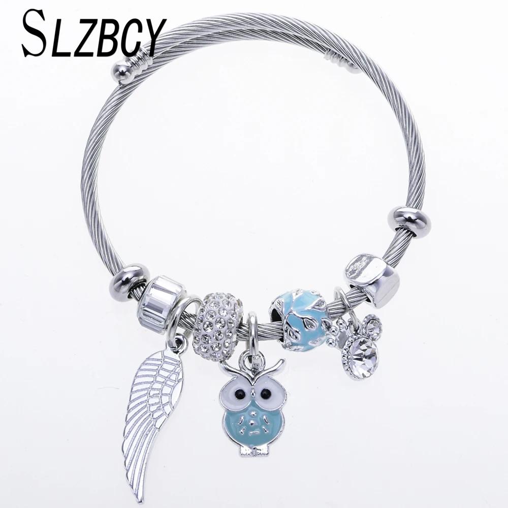 

SLZBCY Women Crystal Disco Ball Owl Wing Charms Bracelet&Bangle Silver Stainless Steel Adjustable Bangles Female Fashion Jewelry