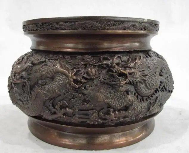 

China Buddhism Bronze Copper carving Two Dragon Play Bead Incense Burner Censer