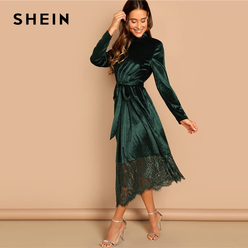 SHEIN Бархатное Платье С Поясом, Элегантное Платье С Длинными Рукавами И Кружевом, Осеннее Повседневное Платье