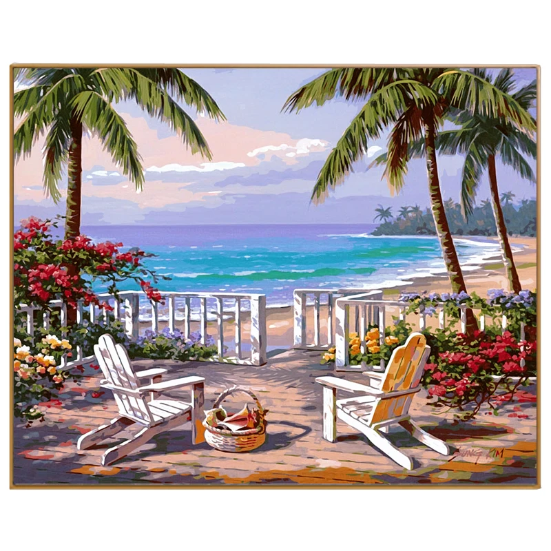 Baratos PHKV nueva decoración casera cuadros en lienzo moderno paisaje marino Coco árbol cuadro pintura por números único regalo artes aceites