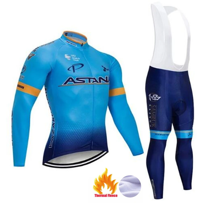 

2019 BLUE ASTANA TEAM winter thermal fleece Cycling JERSEY Bike Pants set mens Ropa Ciclismo 9D pads bicycling Maillot Culotte