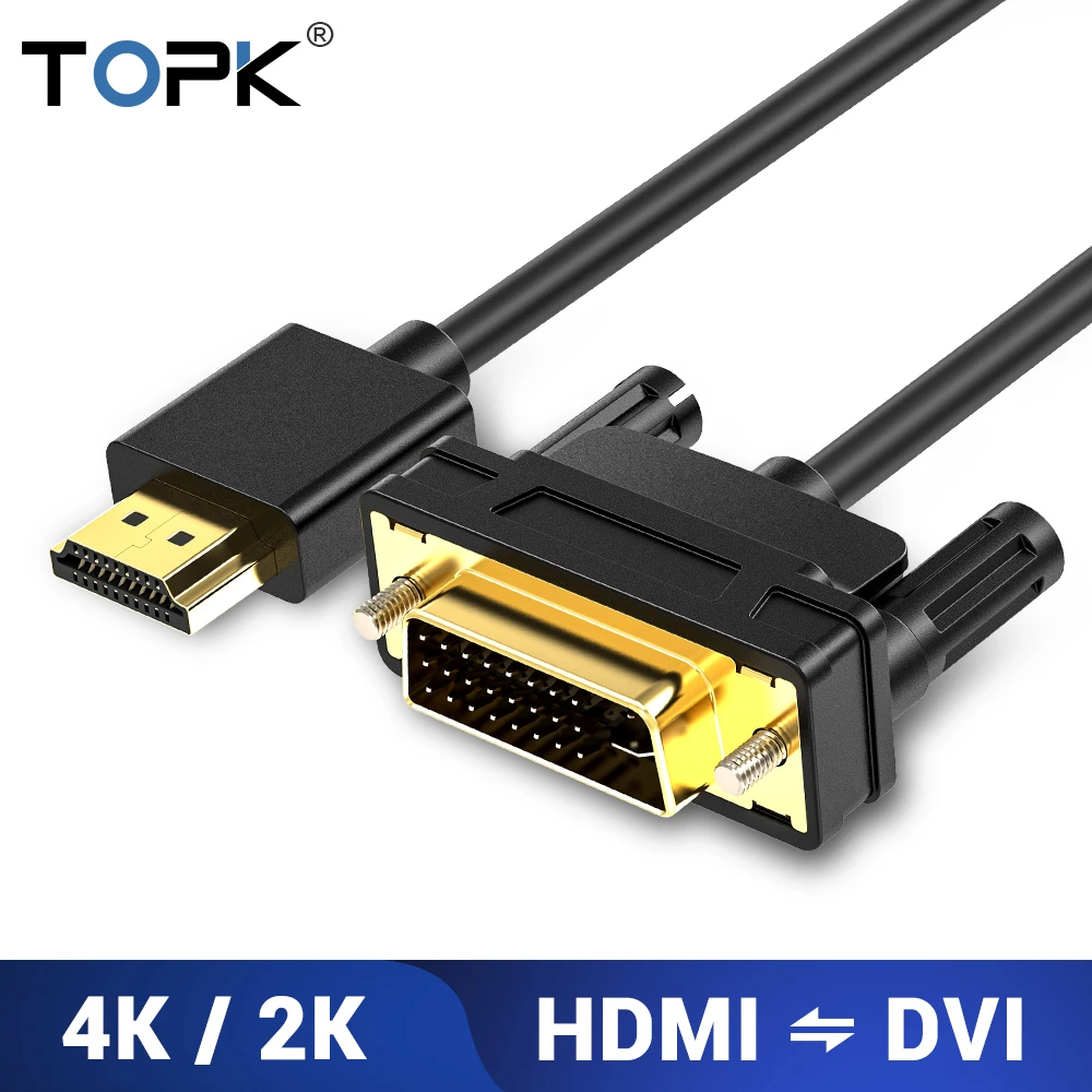 TOPK HDMI к DVI к HDMI DVI-D 24+ 1 Pin адаптер 4K двунаправленная передача DVI D Мужской к HDMI Мужской кабель для lcd DVD HDTV