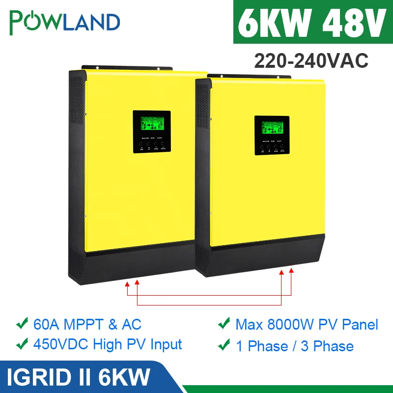 Солнечный инвертор POWLAND 48 В 6000 Вт 220 постоянного тока вход PV 60 А связанный с сеткой