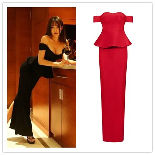 

High Quality Black Red Slash Neck Ruffles Long Thick Bandage Dress Evening Party Sexy Dress