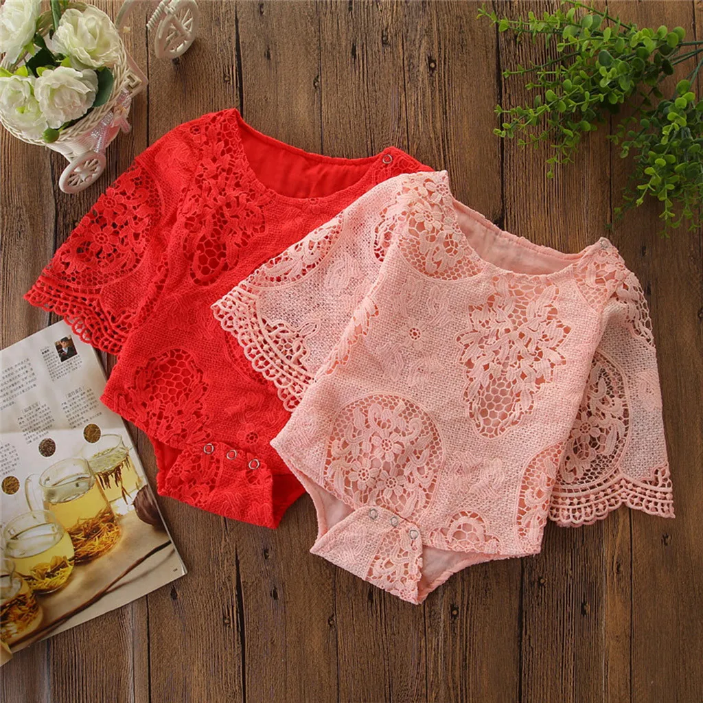 

Newborn Kids Baby Girls Outfit Clothes Flower Lace Half Sleeve solid color Romper one-piece jumpsuit Toddler Baby Girls clothing