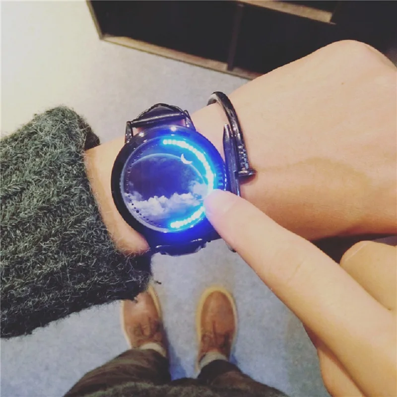 

Creative Cool LED Sky star Touch Screen Steel Shell Wristwatch Genuine Leather Strap Digital Watch lovers' Wrist Watch Gift