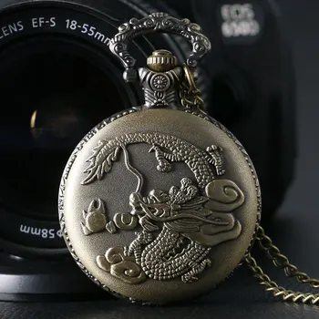 

Fob Pocket Watches Retro Bronze Chinese Style Dragon Pendant Quartz Pocket Watch With Necklace Chain Clock Free Drop Shipping