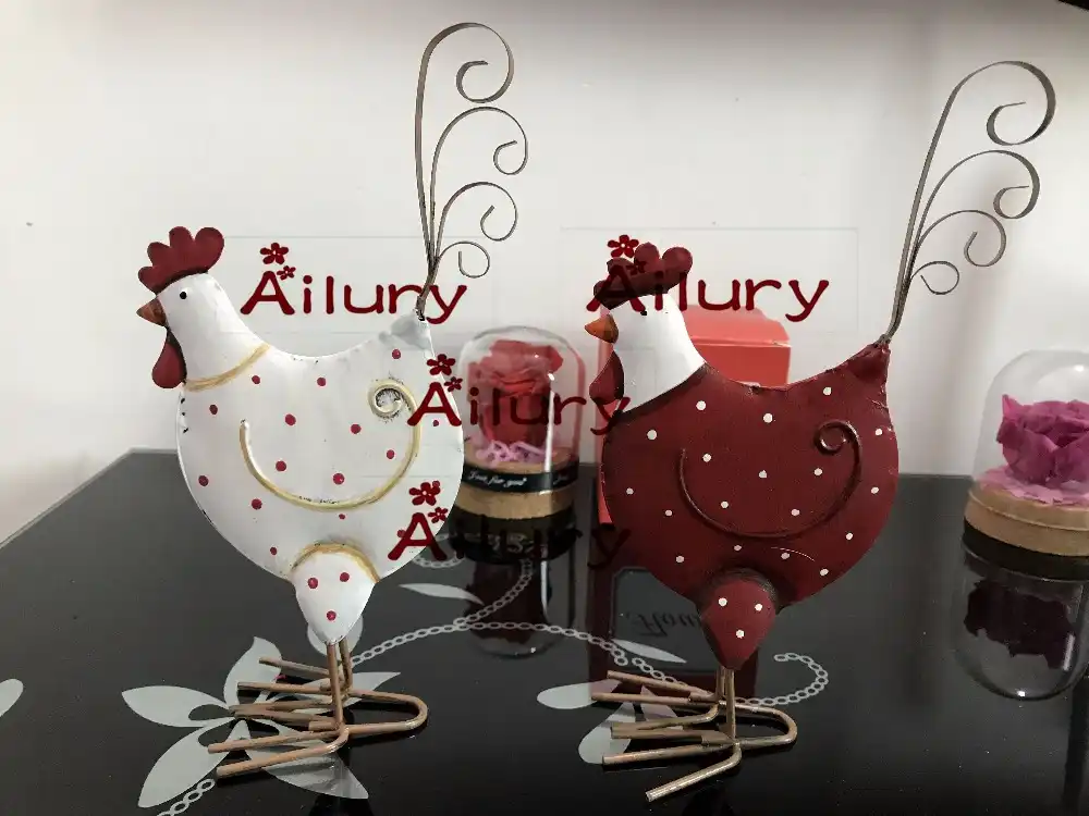 H19cm bonito branco/vermelho cor dupla-face metal frango, janela, sala de crianças desktop oranment, presente de ano novo, decoração de natal. presentes