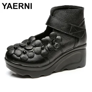 

YAERNI 2018 Handmade new ethnic style women's boots slope and leather women's shoes retro handmade flowers mother boots E387