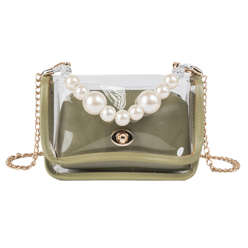 

NEW-Pearl Handbag Transparent Chain Child Small Square Bag Trend Single Shoulder Wild Pvc Messenger Bag