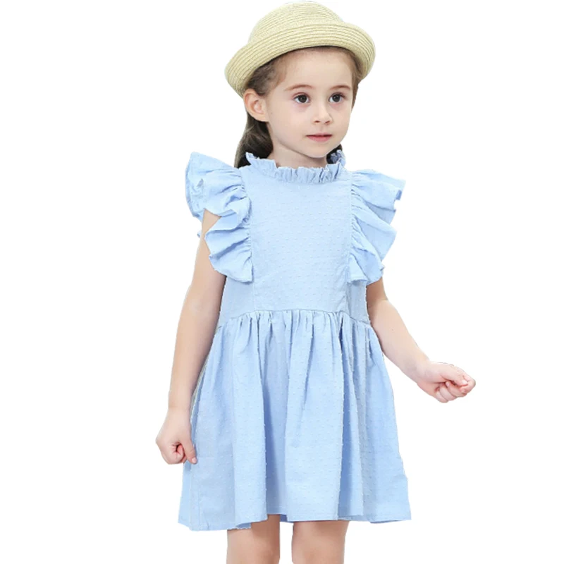 

2018 new European and American baby girl pink / blue dress cotton jacquard lotus leaf sleeve high collar wave princess dress