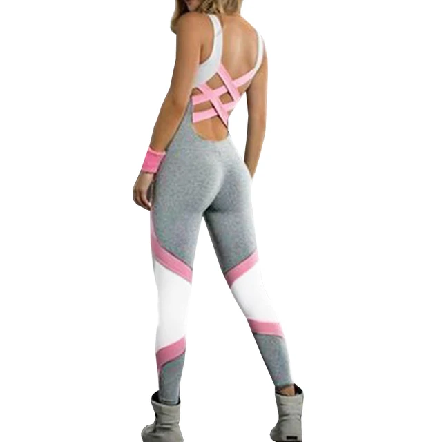 Women Sport Bodysuits Set Contrast Color Bandage Backless Sleeveless