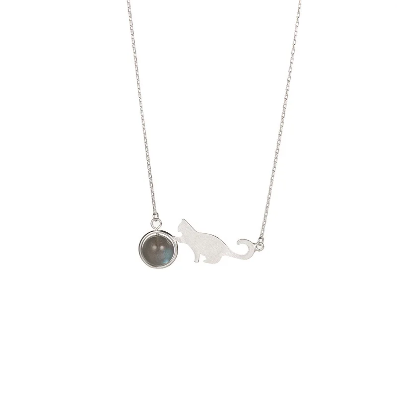 Ожерелье из стерлингового серебра 925 пробы с животным котом, лунным камнем для женщин, модное креативное ювелирное ожерелье с кошкой