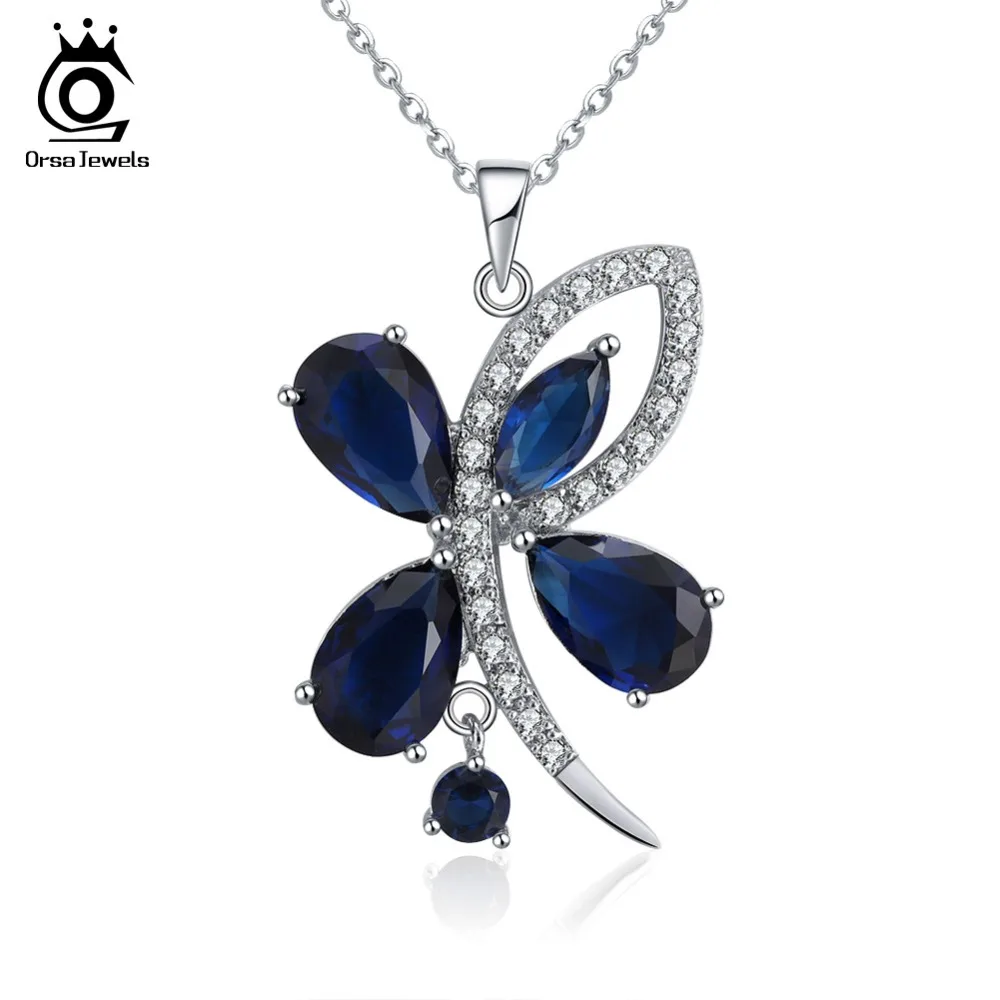 

ORSA JEWELS Necklaces & Pendants Women Butterfly AAA Blue Shiny Oval Cutting Zircon Silver Color Party Fashion Jewelry ON140