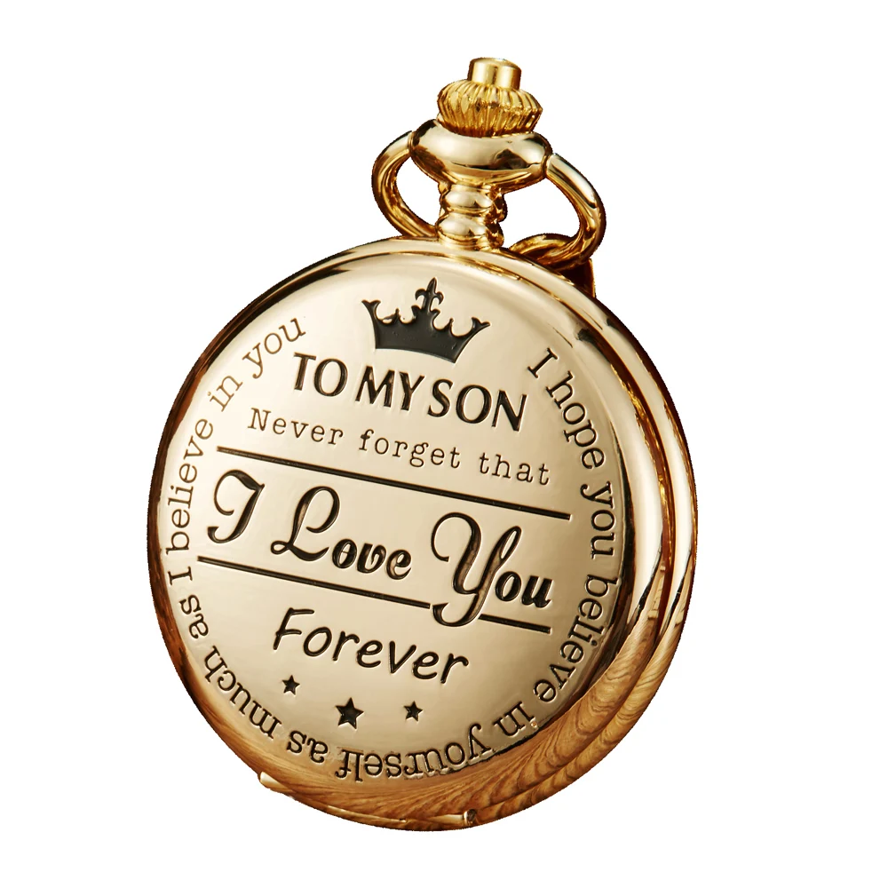 

Gold Luxury Pocket Watch To My Son I Love You Engraved Full Hunter Quartz Watch With Pendent Necklace Best Gift To Kids