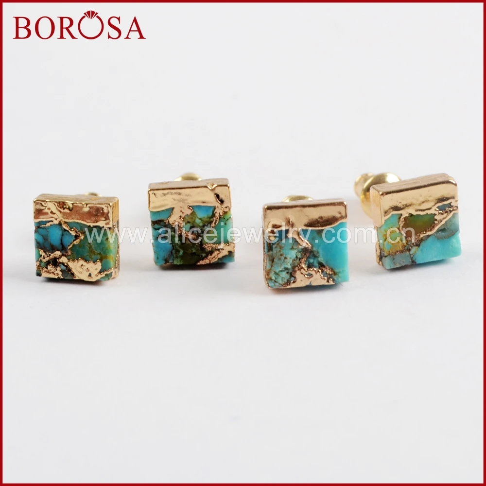 Женские квадратные серьги гвоздики BOROSA винтажные медные из натуральной бирюза