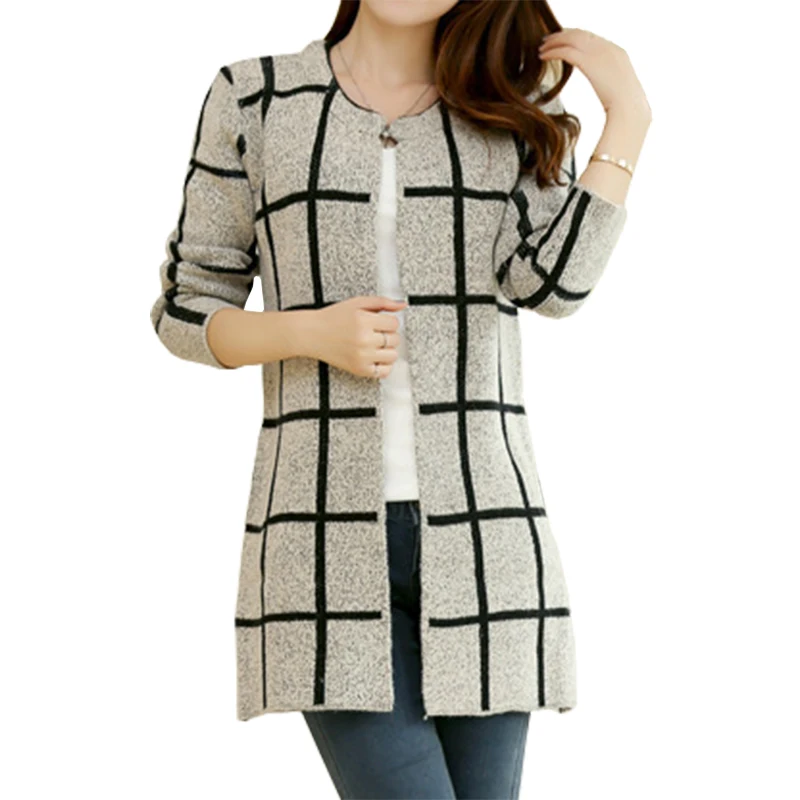 

Spring Autumn Long Coat Winter Sweater Women New Korean Loose Big Yards Thin Plaid Knit Cardigan Female Vestidos LXJ253