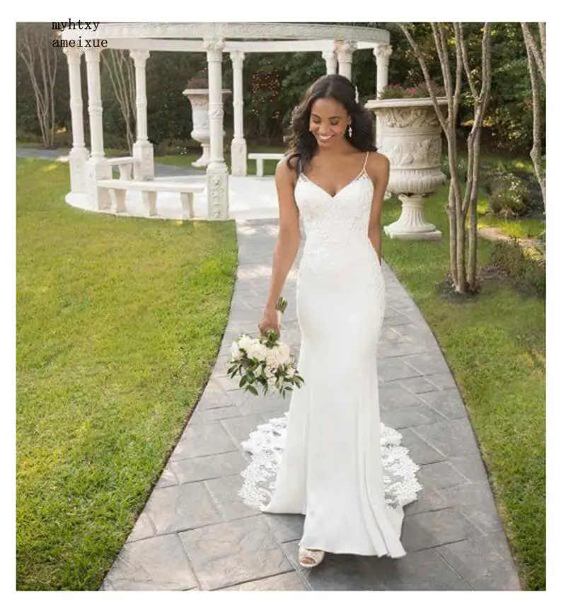 

2019 Appliques Soft Satin Wedding Dresses Sweetheart Neck Simple Sleeveless Bride Dress A-line Elegant Design Dresses Casamento