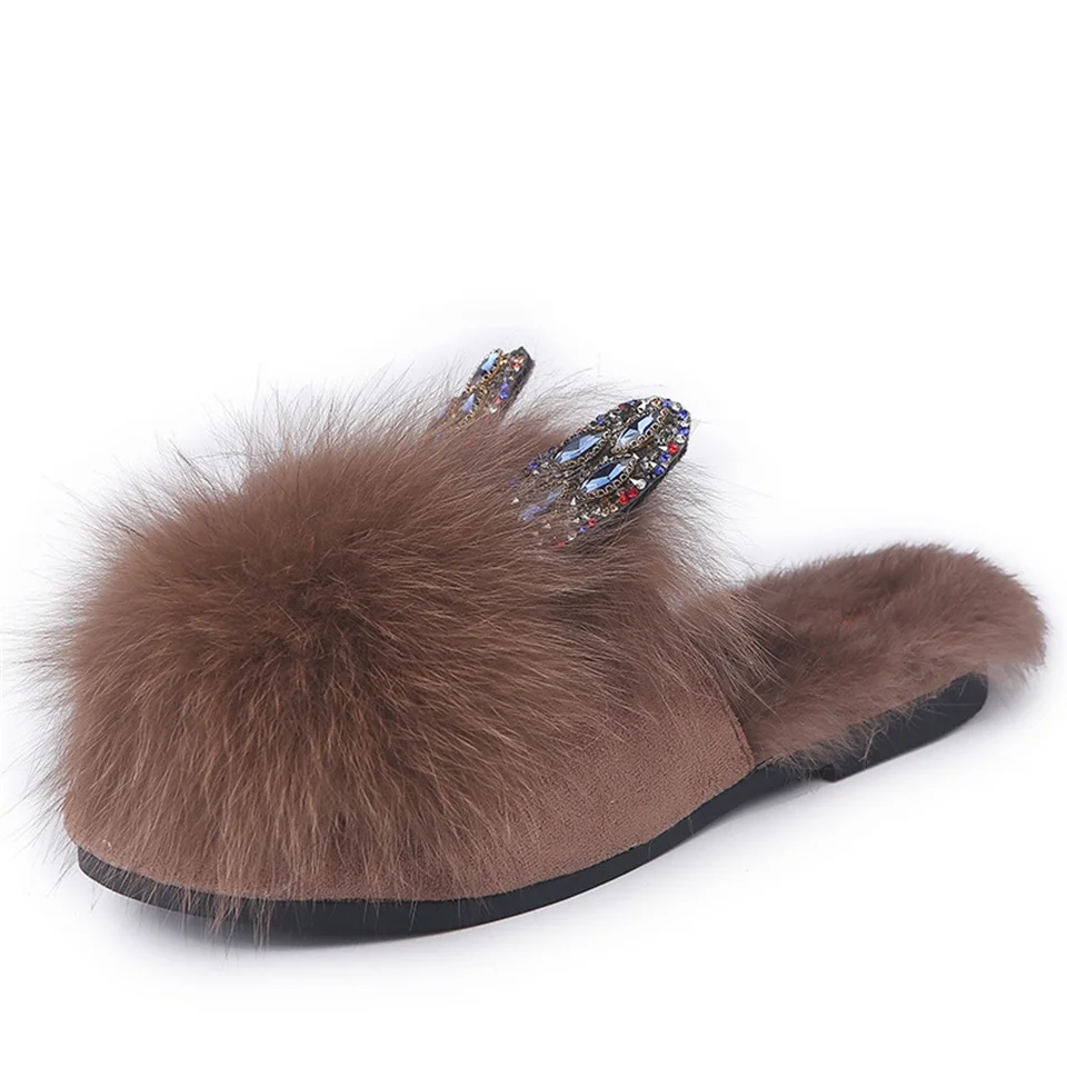 

Fashion fur slippers female 2018 autumn and winter new real hair color rhinestone rabbit ears flat wear women's slippers