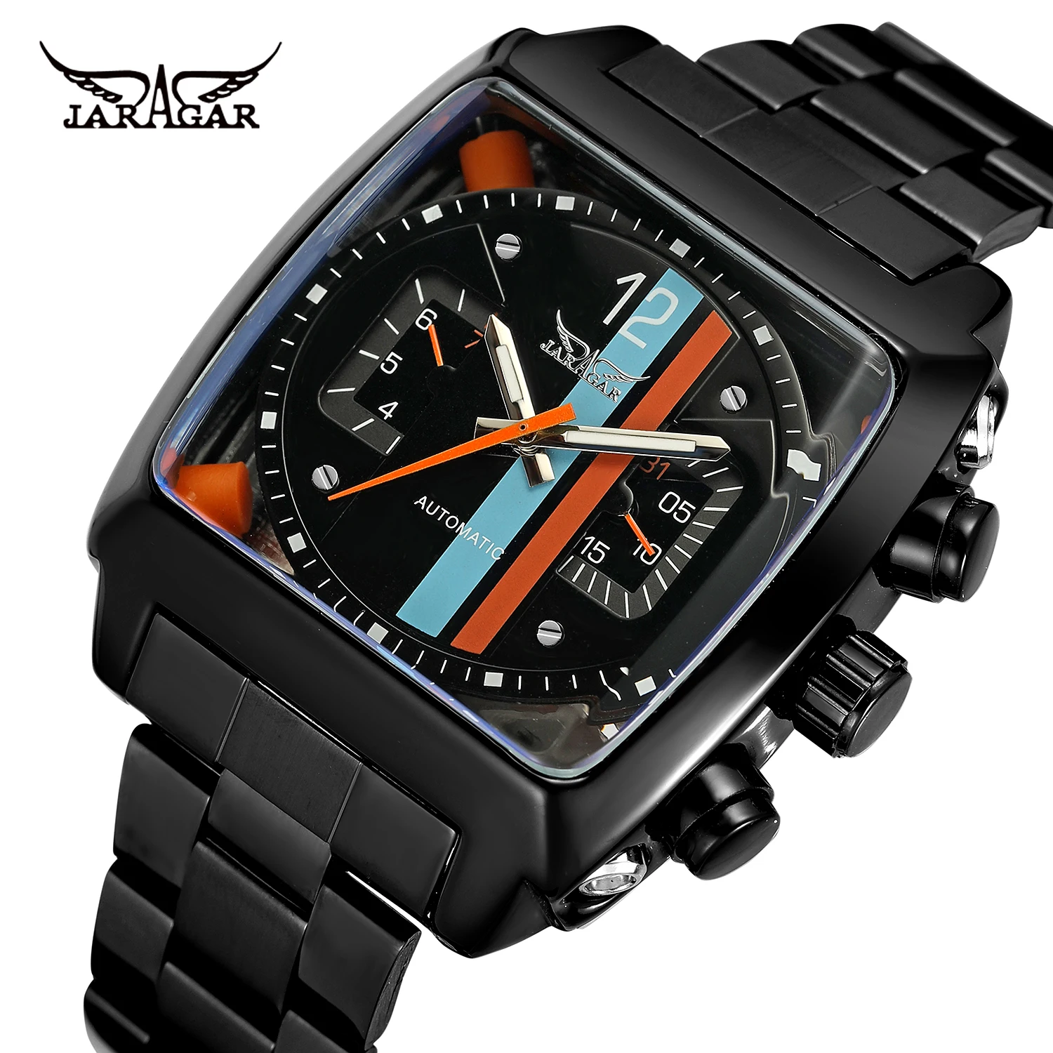 

Fashion Jaragar Top Brand Square Dial Men's Day Month Automatic Mechanical Full Steel Watch Reloj Male Wristwatch Montre Homme