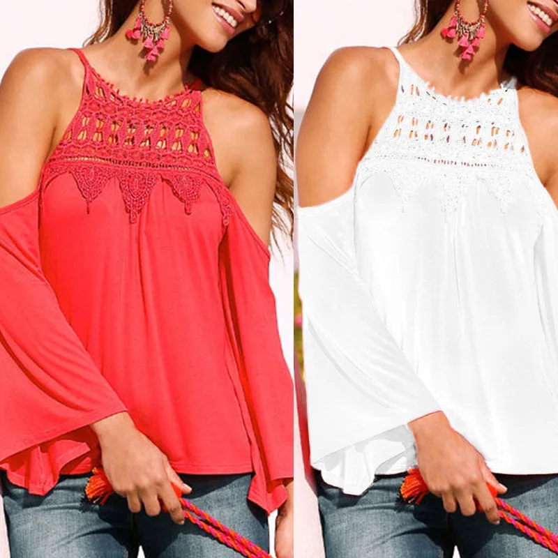 

Women's T-Shirts Lace Openwork Stitching Flying Sleeves Women's Shirt T-shirt OM1019