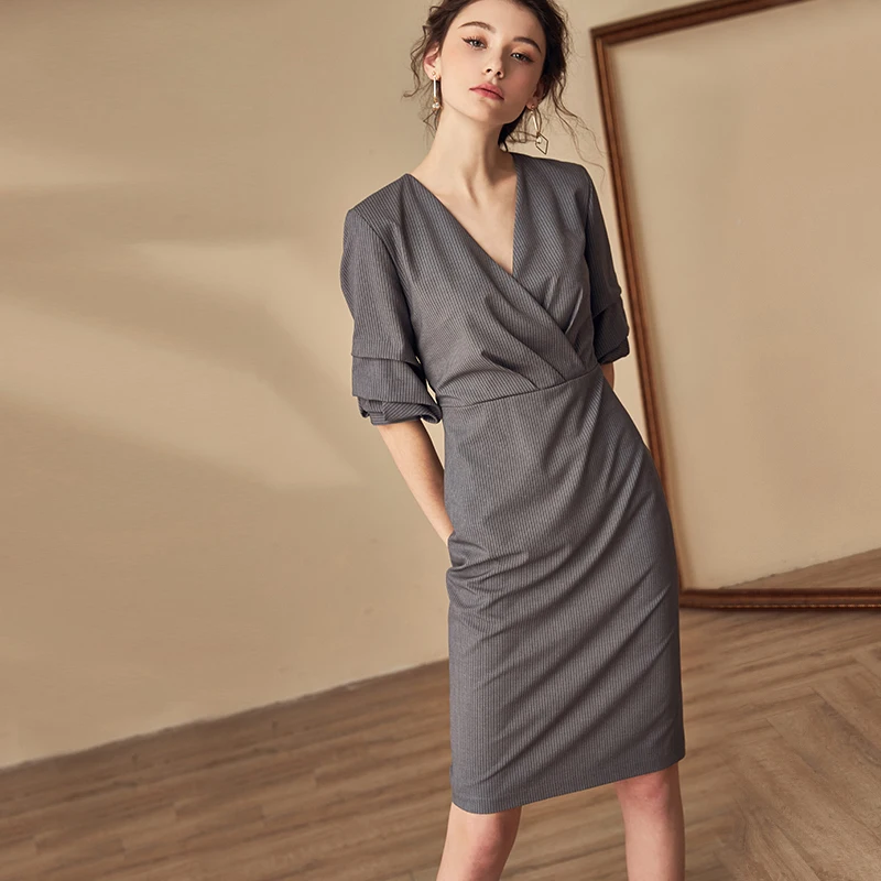 

2019 Women Office Dress Ladies Gray Dress Work Professional Summer Slim Classic V Neck Striped Kneed Length Midi Pencil Dresses