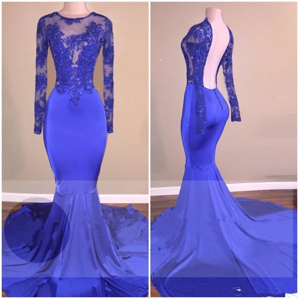 

Long Sleeves Backless Royal Blue Prom Dresses Slim Fit