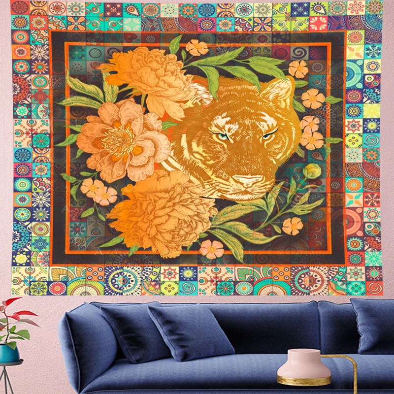 

Retro gold tiger indian mandala Tapestry Bohemian Geometry Polyester Wall Hanging Table Cloth Curtain Blanket Yoga Mat Blanket