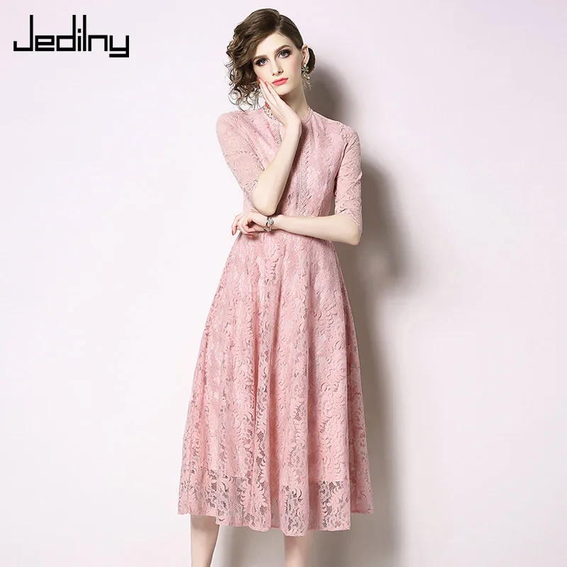 

Summer Dress Elegant Pink Lace Dress Casual Women O Neck Half Sleeve Slim Waist Party Dress Vestidos