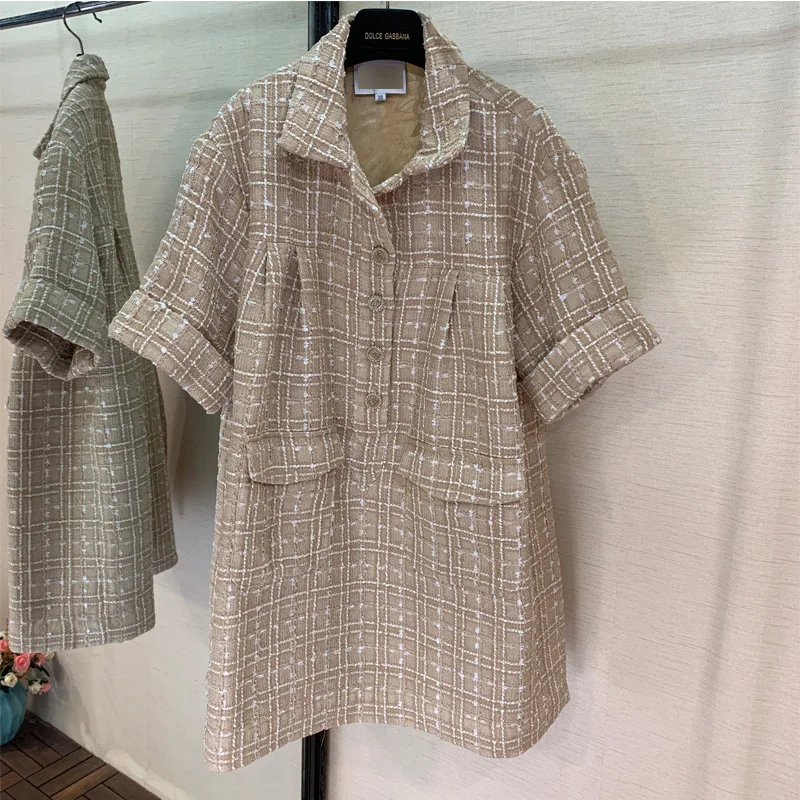 

Runway fashion catwalk style vertical collar tweed weave fabric champagne color right fork dress loose casual