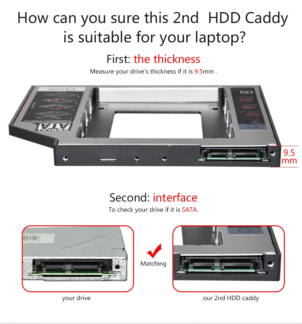 Sunvalley Optibay 2nd HDD Caddy 9,5 мм алюминиевый Универсальный SATA 3,0 2," SSD чехол жесткий диск адаптер DVD HDD для ноутбука ODD