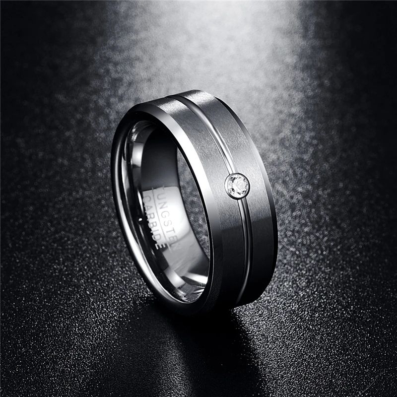 8mm Zircon Men Ring 100% Tungsten Carbide Faceted Wedding Bands Men's Jewelry Promise Band Anillos para hombres Pierscienie