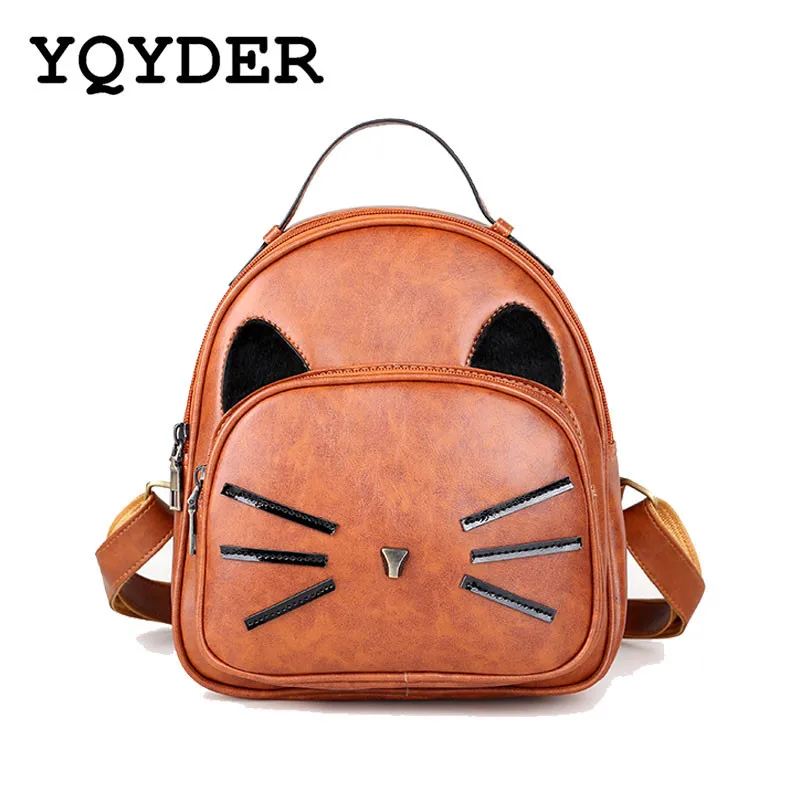 Cat Ear Design Backpack Vintage PU Leather Backpack Cute Cats Backpacks