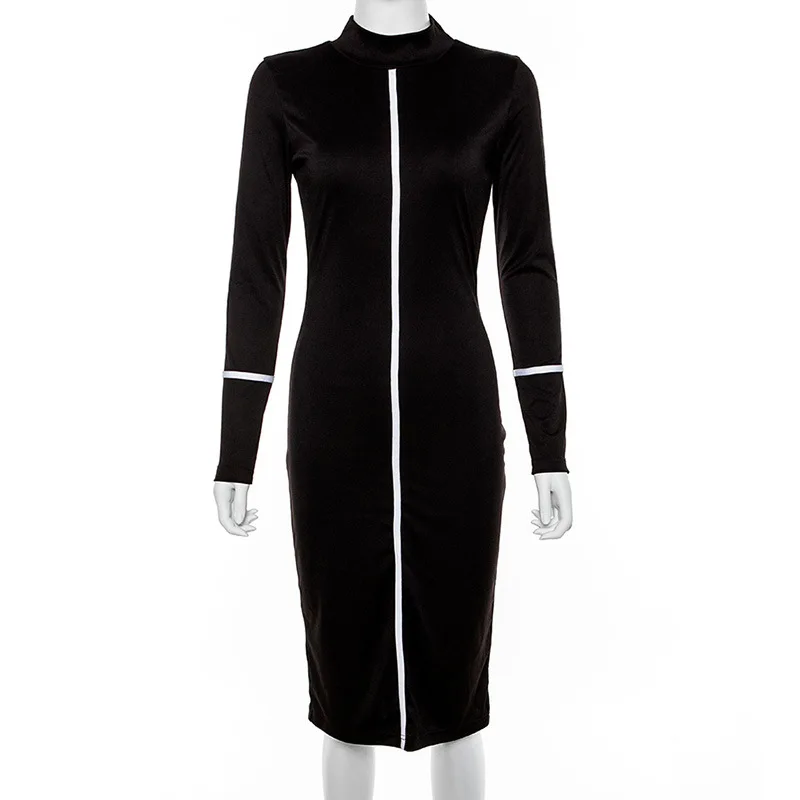 Элегантное женское платье средней длины, винтажное черно-белое платье, облегающее женское платье-карандаш с длинным рукавом - Цвет: Черный