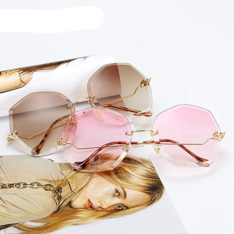 

New Fashion Women Sunglasses Vintage Rimless Gradient Shades Cutting Lens Sun Glasses Eyewear