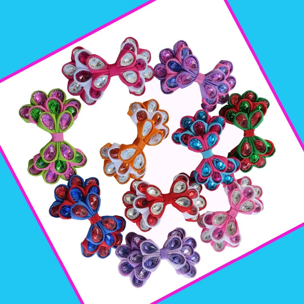 

16pcs Hand Customize Hair Accessories High Grosgrain Ribbons teeth alligator clip 3.5" Crystal Bow Free Shipping For Girl /Women