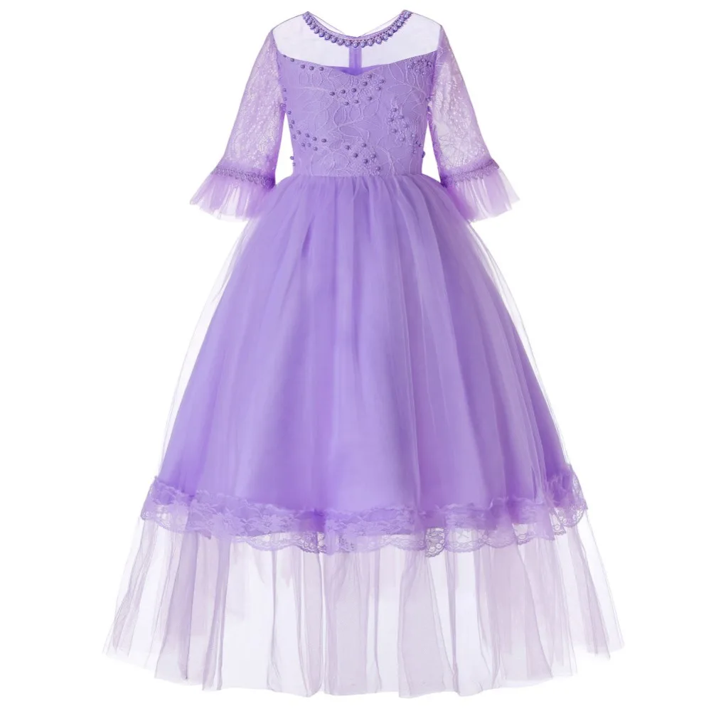 

Girl One-Piece Dress Half Sleeve Lace Net Yarn O-Neck Beading Solid Color Princess Dress Party Wedding Dresses