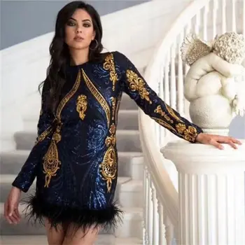 

2019 Mini Dress Sexy Celebrity Flare Sequined Women Full Feathers Vintage Night Club O Neck Body con Party Dresses Wholesale