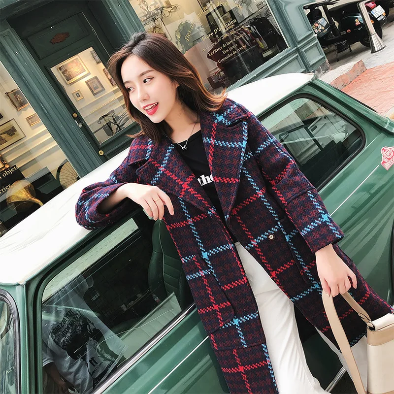 Plaid Longues Col 2018 Lâche Automne Manteaux Long Bourgogne Élégant Occasionnel Outwear Laine Manches Turn down Hiver De Femmes À Modis Manteau qBP8XI