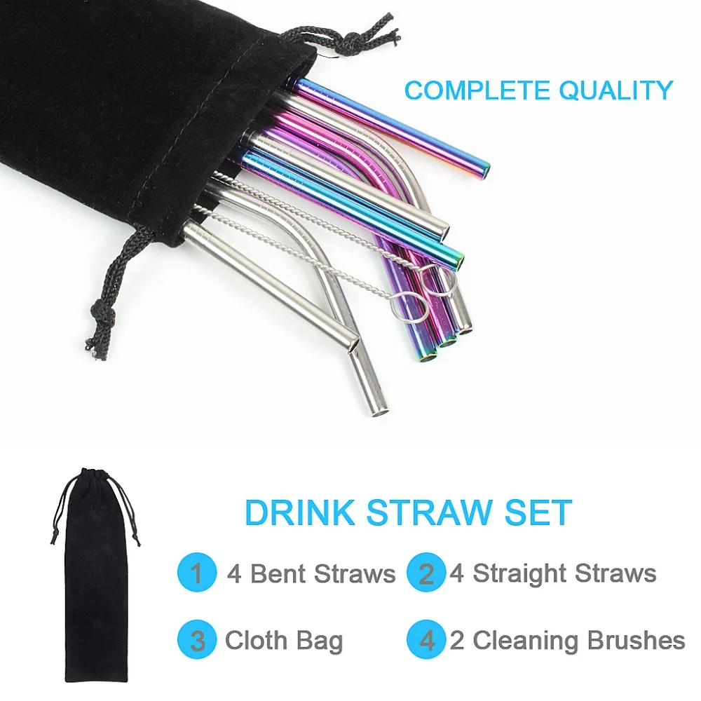 Reusable Stainless Steel Straws 8 Pieces Set With 2 Cleaning Brushes FDA approved Metal Eco-friendly Drinking Straws Silver and Rainbow Color-6mm x 8.5 inch (7)