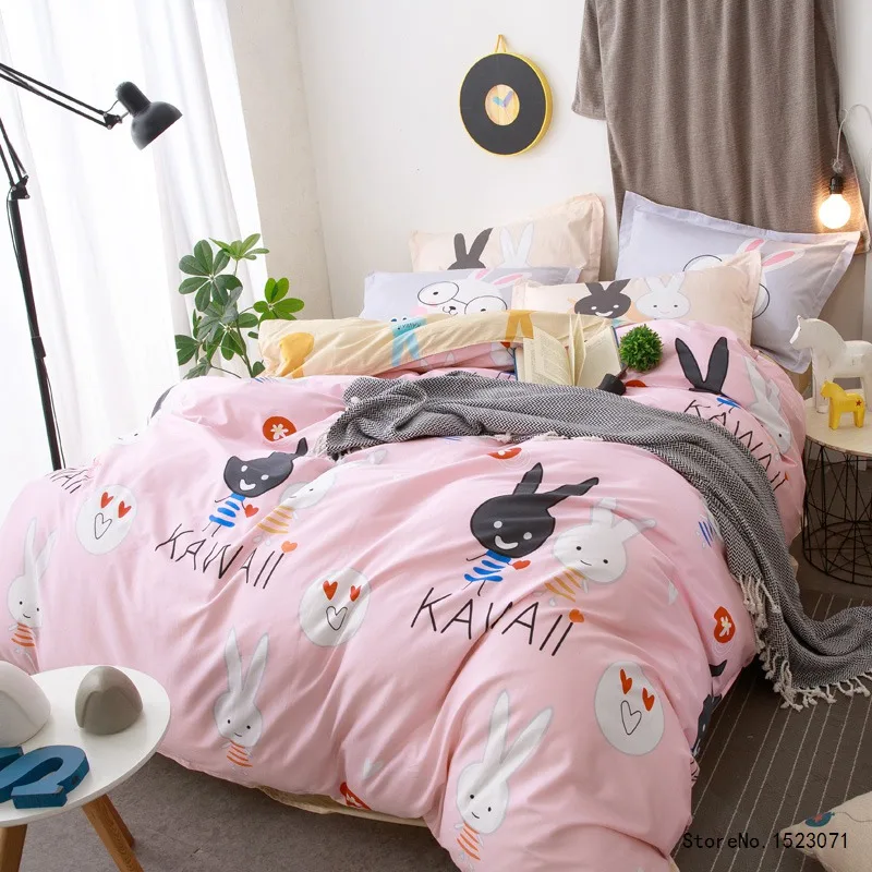 Pink rabbit kawaii bedding set cotton fabric kids bedsheet queen size